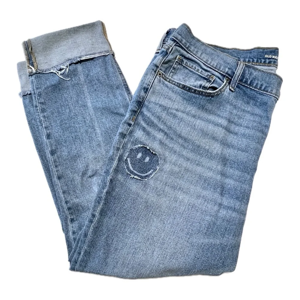 Old Navy Boyfriend Jeans Mid Rise Straight Ripped Smiley Face Happy Remix Blu 16